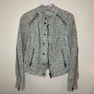 FREE PEOPLE Green Grey Embossed Moto Zip-Up Jacket